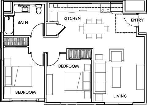 Floor plan for 2 beds, 1 bath, 780 sqft